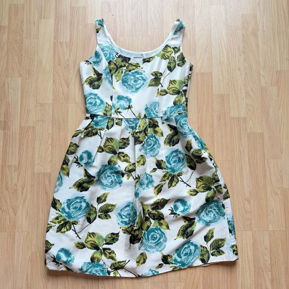 Ann Taylor Green Blue Floral Sleeveless Silk Knee Length Silk Dress Size 8P